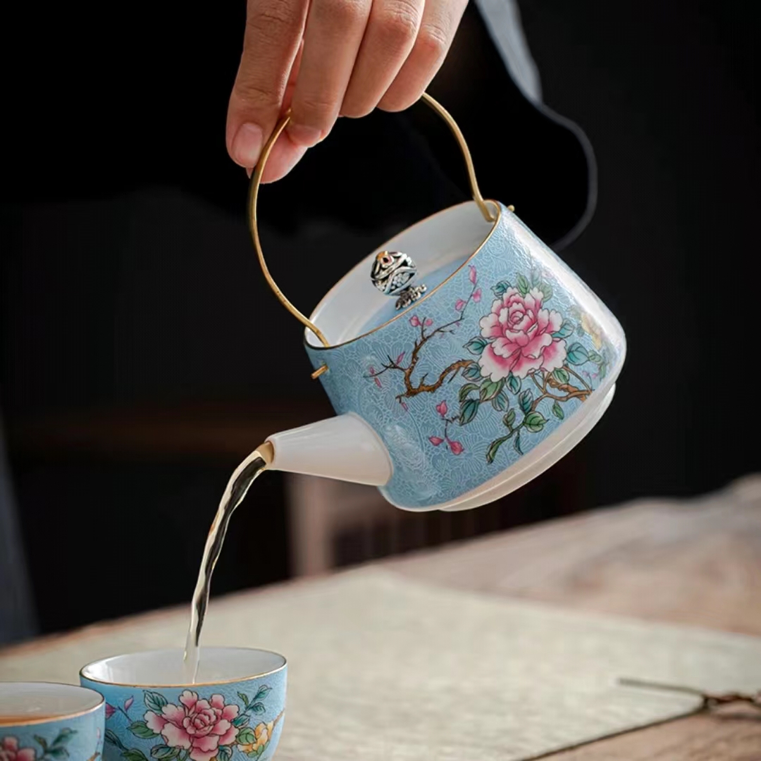 【汀和大福】藍色牡丹花茶壺茶具套裝提梁壺主人杯 【汀和大福】藍色牡丹花茶壺茶具套裝提梁壺主人杯