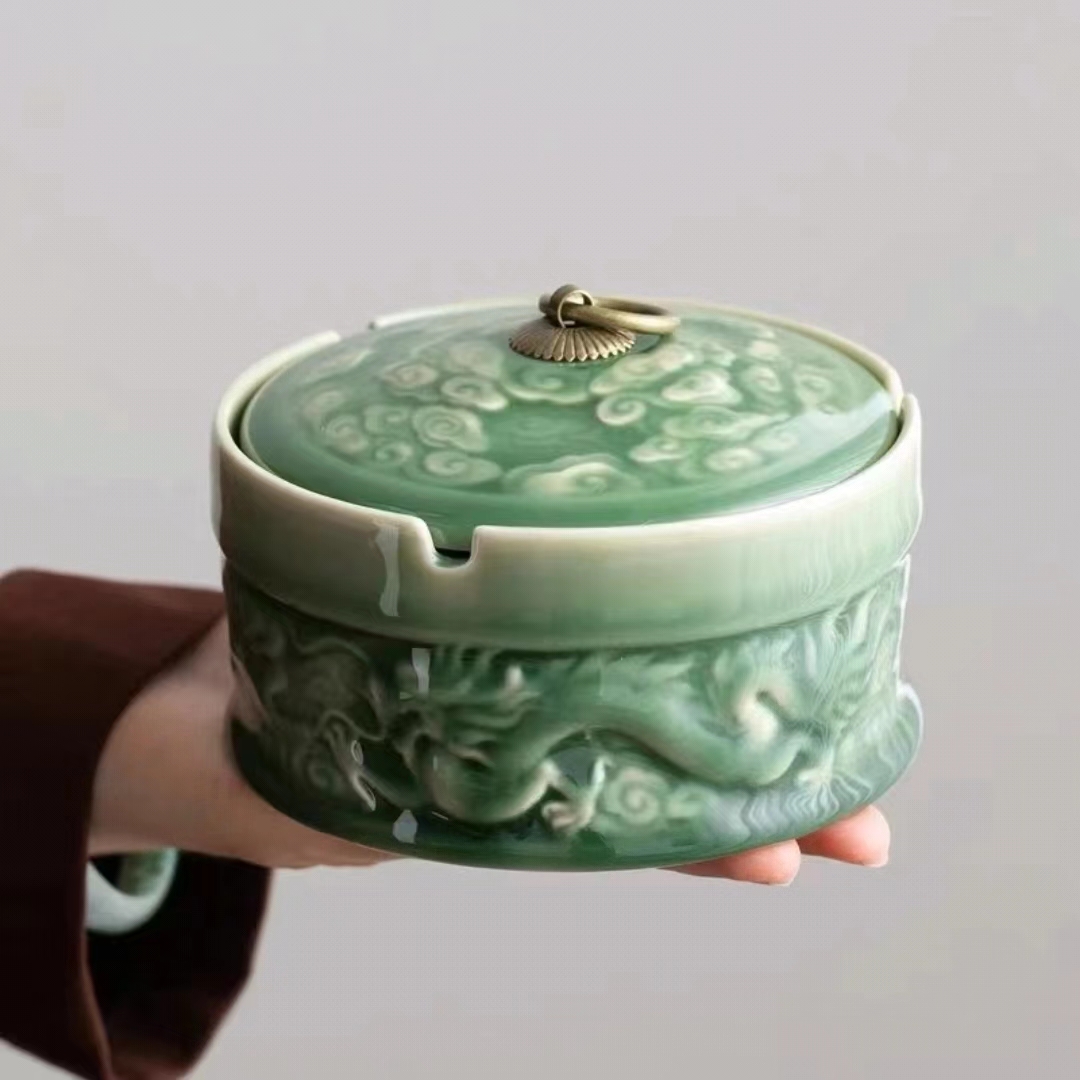 【汀和大福】青瓷浮雕帶蓋煙灰缸茶葉罐茶渣缸